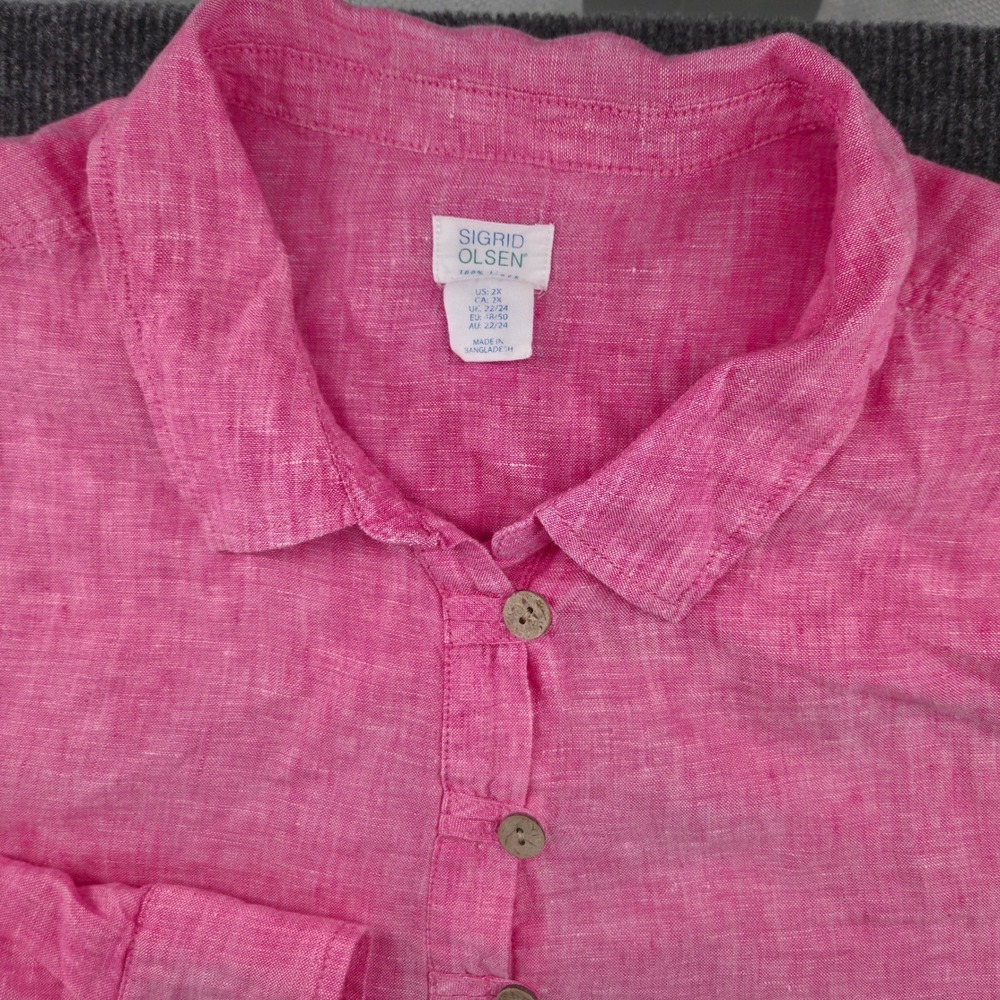 Sigrid Olsen Linen Tunic Top Womens 2X Pink Long Sleeve Roll Tab Button Front